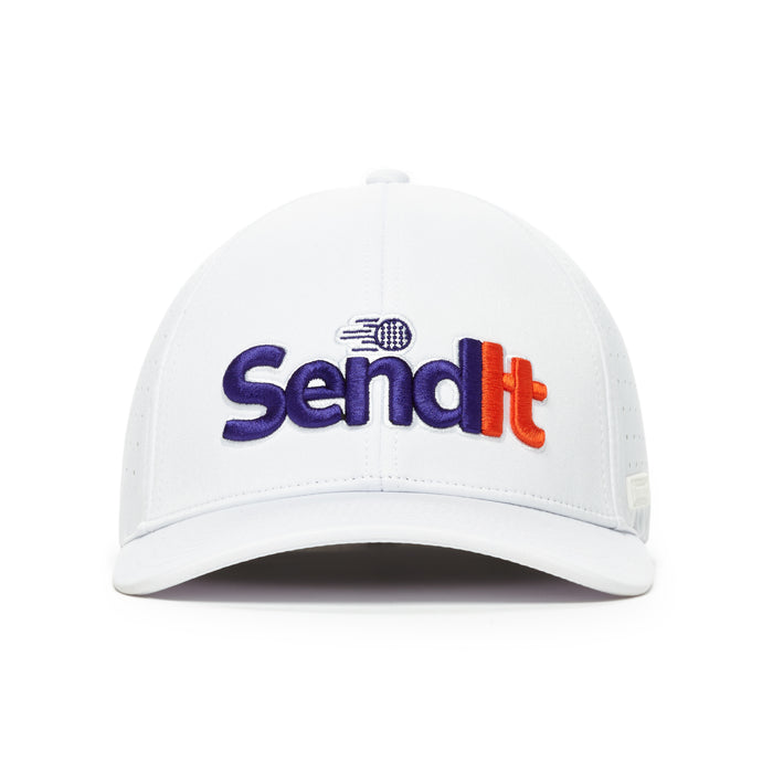 The Send It - Performance Golf Hat - Stretch Fit is a white cap with "Send" in purple and "It" in orange embroidered on the front, plus a small flying golf ball above the "e," all made from performance material.