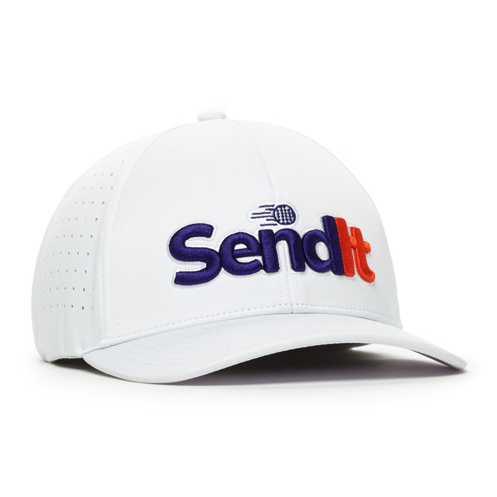 The Send It - Performance Golf Hat - Stretch Fit features "Send It" embroidered on the front (Send in dark blue, It in orange), a pickleball graphic above the "e", vented side panels, and performance material with a stretchable band.