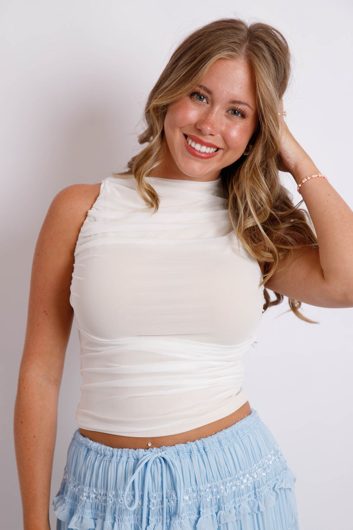 Ruched Mock Neck Tank- White Sleeveless Fitted Top- Women's Concert Outfits