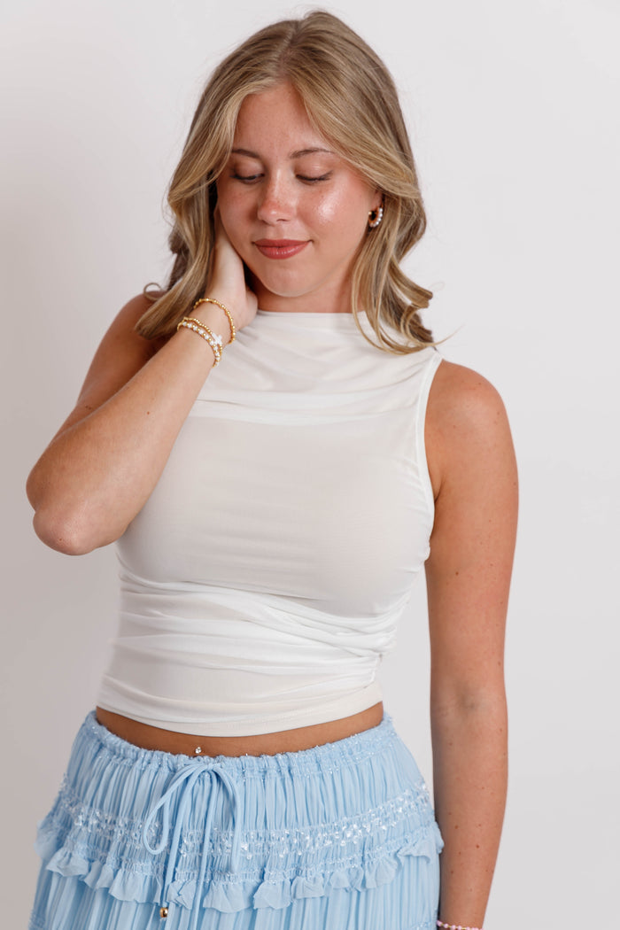 Ruched Mock Neck Tank- White Sleeveless Fitted Top- Women's Concert Outfits