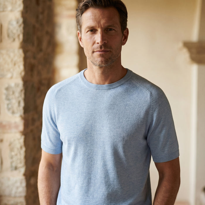 Short Sleeve Raglan Crew Neck, worn — Emanuel Berg