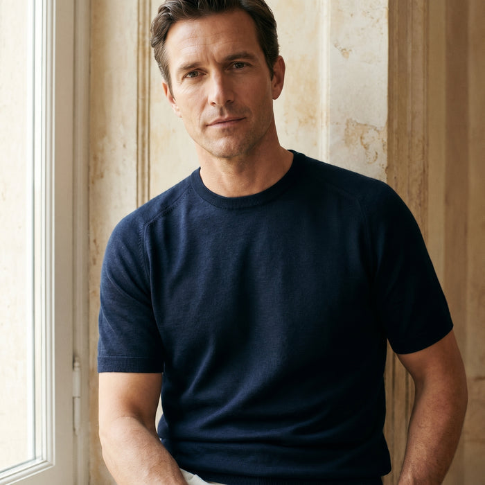 Short Sleeve Raglan Crew Neck, worn — Emanuel Berg