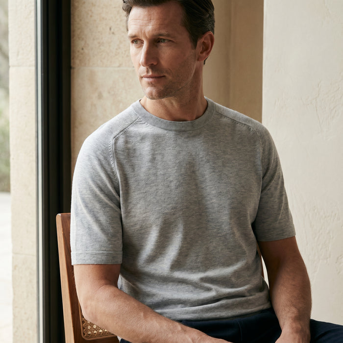 Short Sleeve Raglan Crew Neck, worn — Emanuel Berg