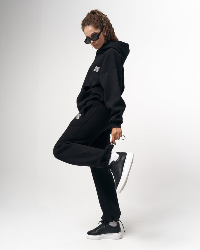 Sigilio QR Printed Oversized Black Hoodie Jogger Set