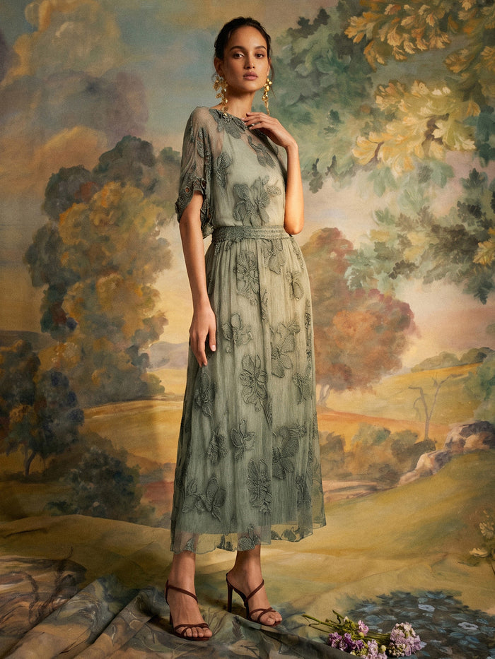 Silk Chiffon Hand Dyed Embroidered Skirt