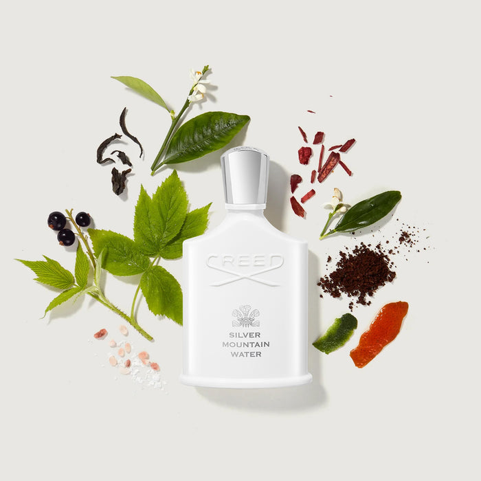 Creed Silver Mountain Water Fragrance Ingredients Flat Lay - Bergamot, Black Currant, Green Tea Notes | Creed Fragrances