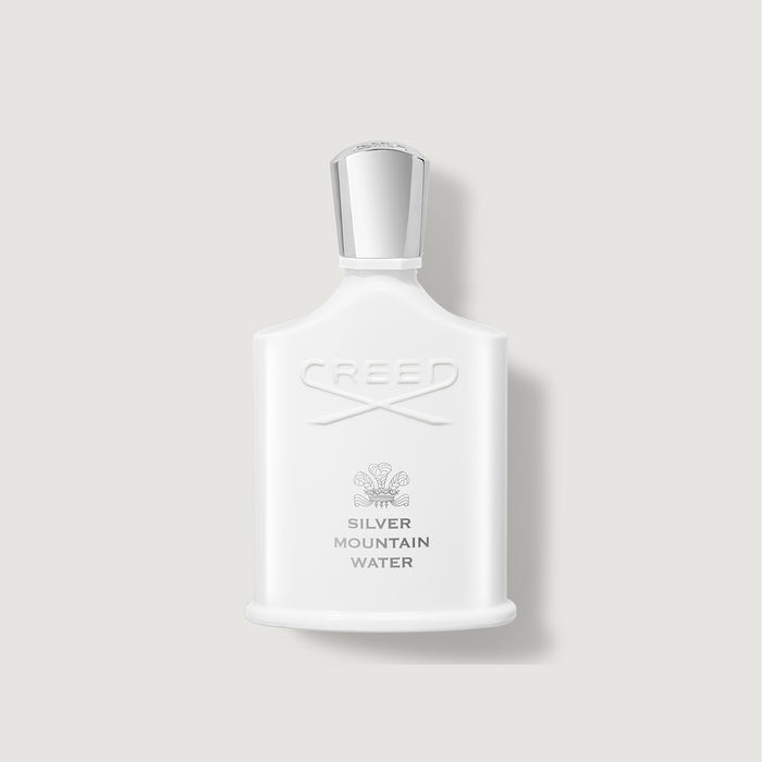 Creed Silver Mountain Water 100ml White Flacon - Three-Quarter Angle, Silver Cap Detail | Creed Fragrances