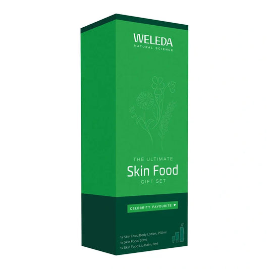 Green Weleda product packaging - The Ultimate Skin Food Gift Set on a white background.