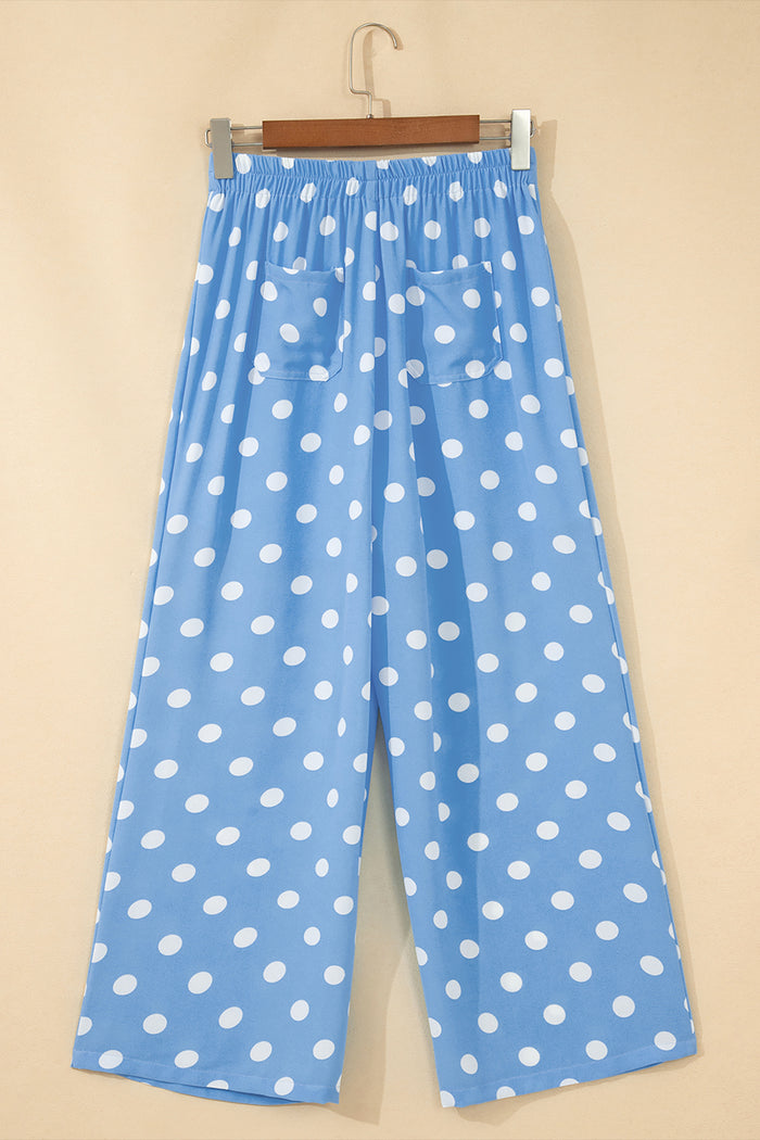 Sky Blue Polka Dot Print Patched Pocket Mid-rise Straight Leg Pants