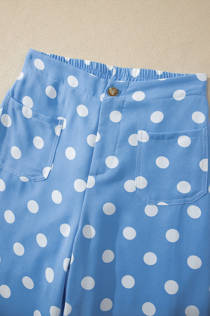 Sky Blue Polka Dot Print Patched Pocket Mid-rise Straight Leg Pants