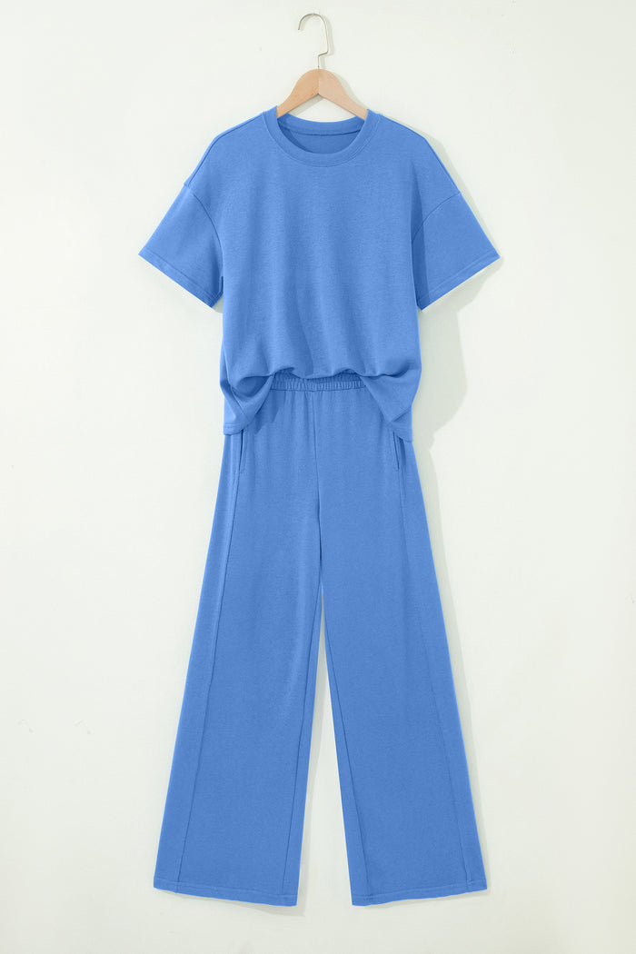 Sky Blue Solid Cover Oversize Tee Pocketed Casual Pants 2pcs Outfit