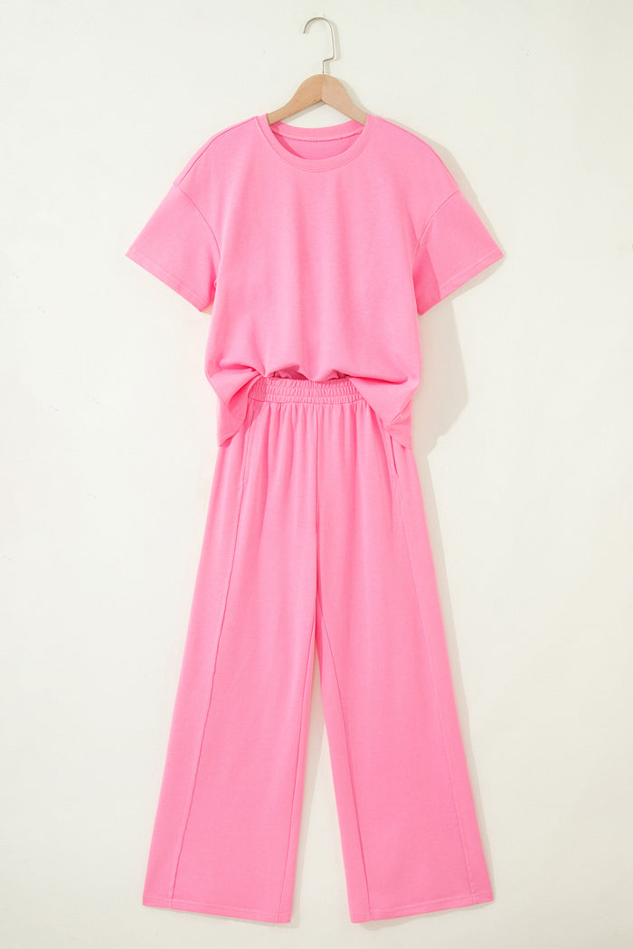 Sky Blue Solid Cover Oversize Tee Pocketed Casual Pants 2pcs Outfit