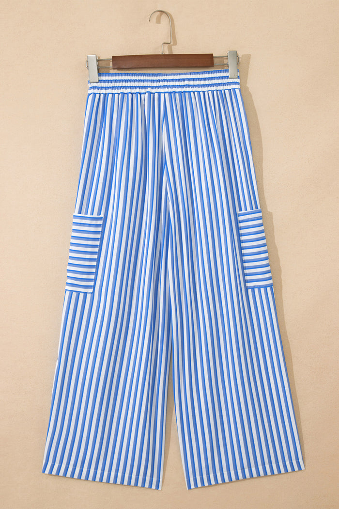 Sky Blue Stripe Drawstring Elastic Waist Patch Pocket Wide Leg Ankle-length Pants