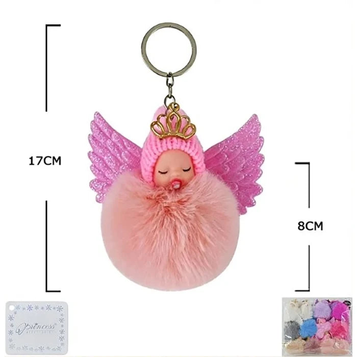 Sleeping Baby Angel Keychain with Fluffy Faux Fur Pom Pom – 12-Piece Bulk Set (KC-75697M)