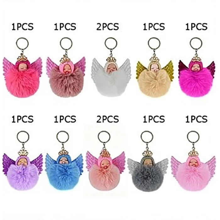 Sleeping Baby Angel Keychain with Fluffy Faux Fur Pom Pom – 12-Piece Bulk Set (KC-75697M)