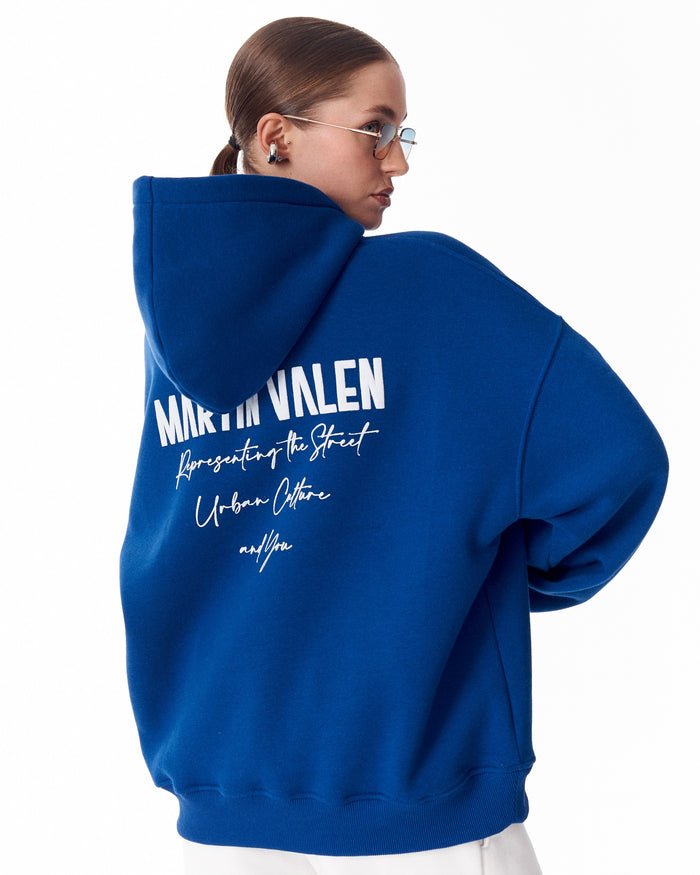 "Slogan" Puff Printed Women's Extra Oversized Hoodie Blue