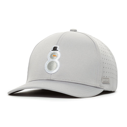 The Snowman - Performance Golf Hat - Stretch Fit is a light gray baseball cap with a curved brim, featuring a snowman patch, side perforations for ventilation, sweat stain resistance, and made from performance material for comfort.