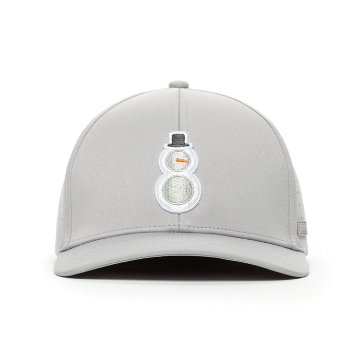 The Snowman Performance Golf Hat - Stretch Fit is shown from the front in light gray, featuring an embroidered snowman. Made from sweat stain resistant material, it has a structured crown and curved brim.