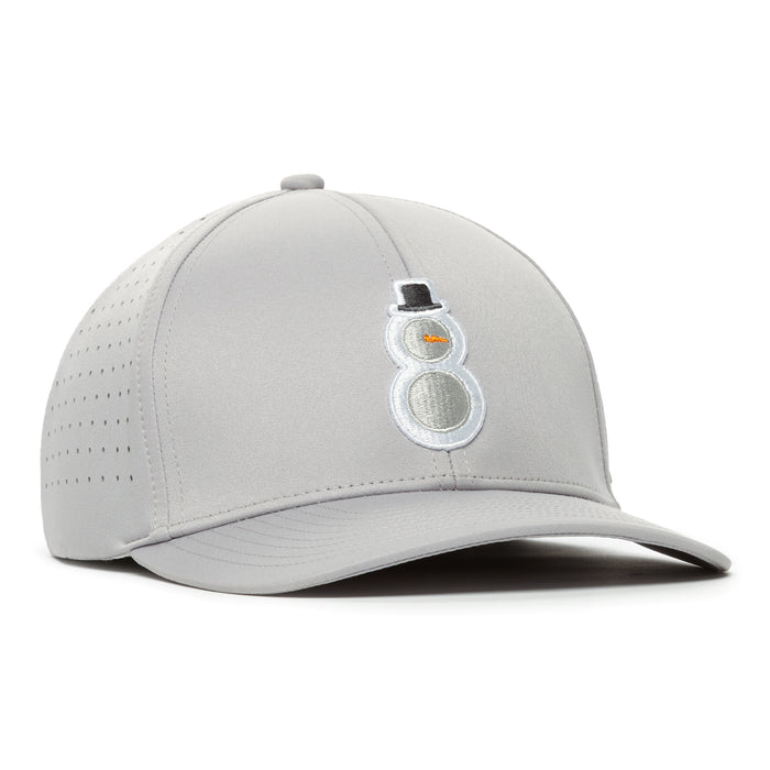 The Snowman Performance Golf Hat features a light gray design with ventilation holes, a curved brim, an embroidered snowman on the front, structured crown for comfort, and an elastic stretch-fit band for a secure fit.