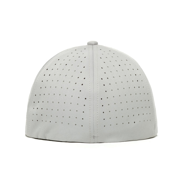 The Snowman Performance Golf Hat - Stretch Fit is a light gray cap seen from the back, crafted from performance material with ventilation holes, a central seam, fabric-covered top button, and an elastic band for comfort. No branding or adjustable strap is visible.