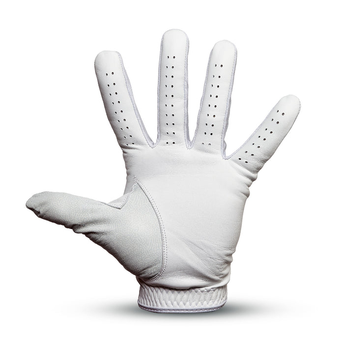 The Stealth Mode - Light - Glove, made of cabretta leather with visible stitching and finger ventilation holes, is shown palm-up on a white background. It features an elastic wristband for a precision fit and a thumb spread outward.