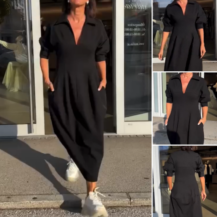 Stéphanie - Robe Midi Élégante à Revers et Col V