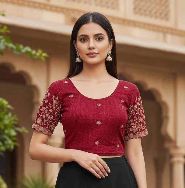 Model wearing a Kurti Connection USA maroon stretchable blouse with gold embroidery paired with a black skirt