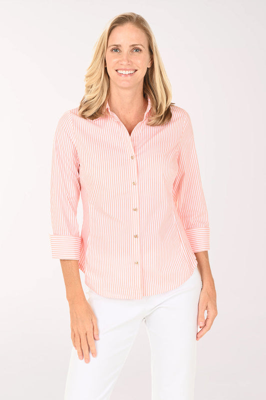 Woman wearing a pink striped shirt on a white background