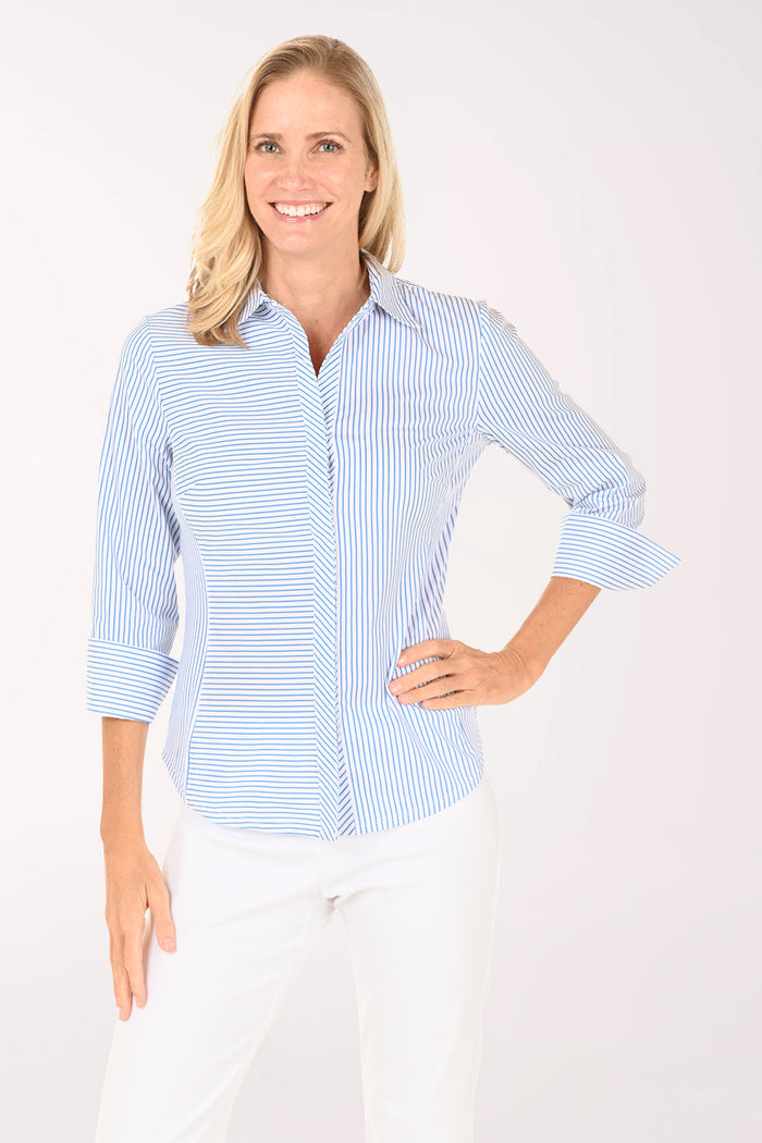 Striped Hidden Placket 3/4 Sleeve Shirt
