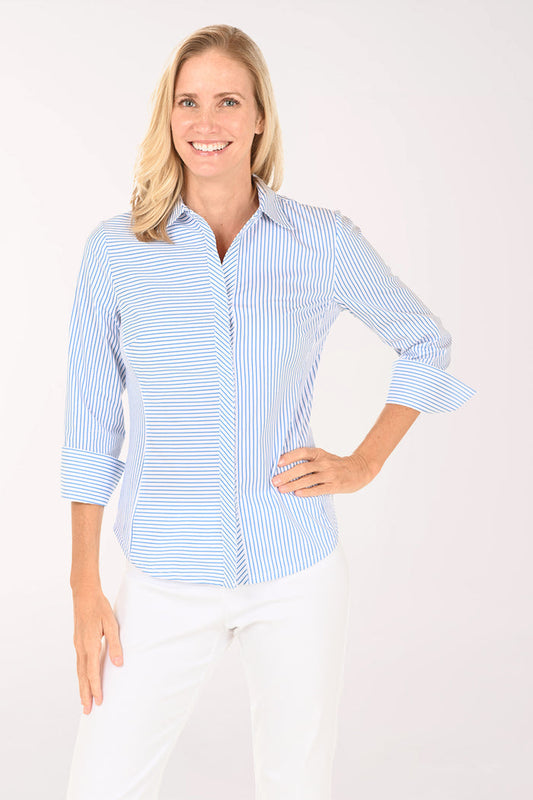 Striped Hidden Placket 3/4 Sleeve Shirt