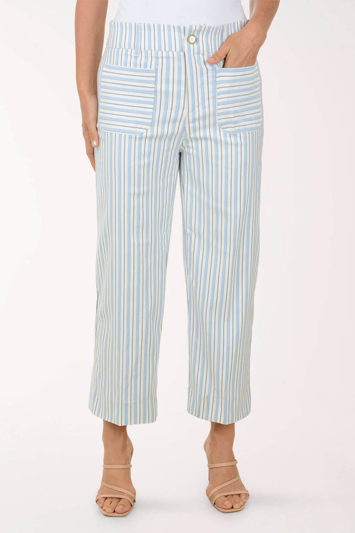 Striped pants worn by a person on a white background