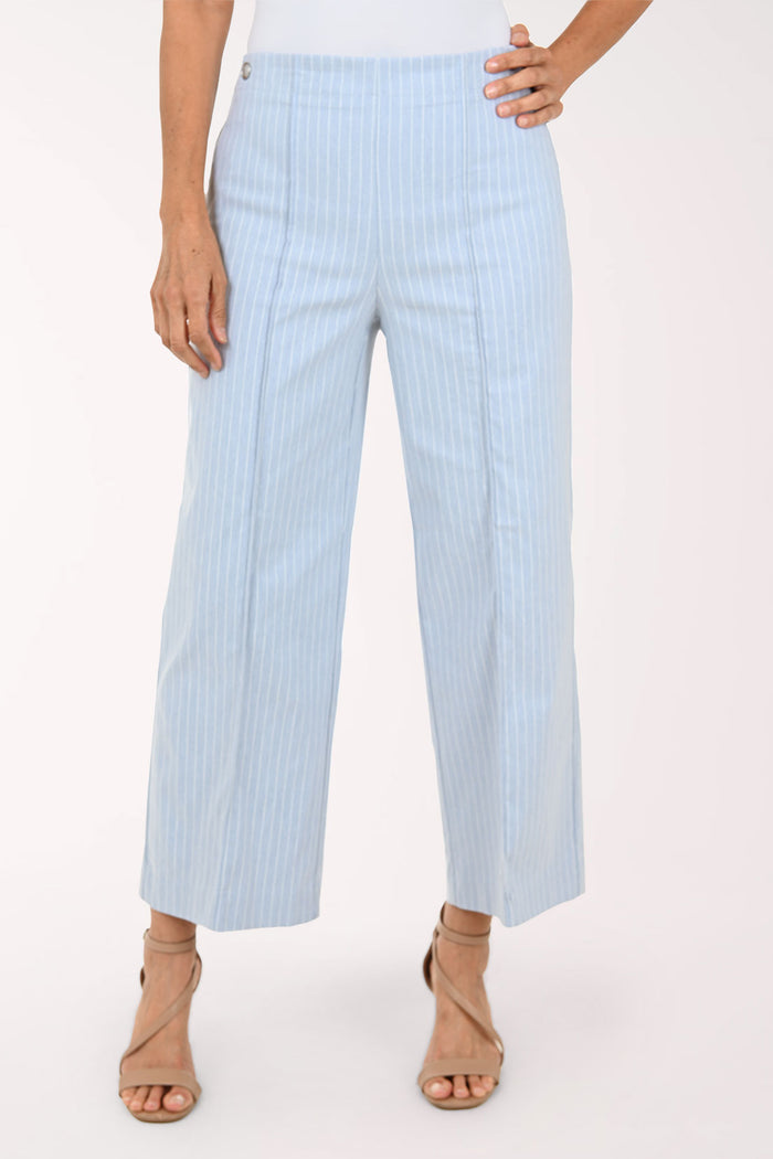 A model wearing light blue and white pinstriped cropped wide-leg pants with beige strappy heeled sandals, shown from the waist down against a plain white studio background.