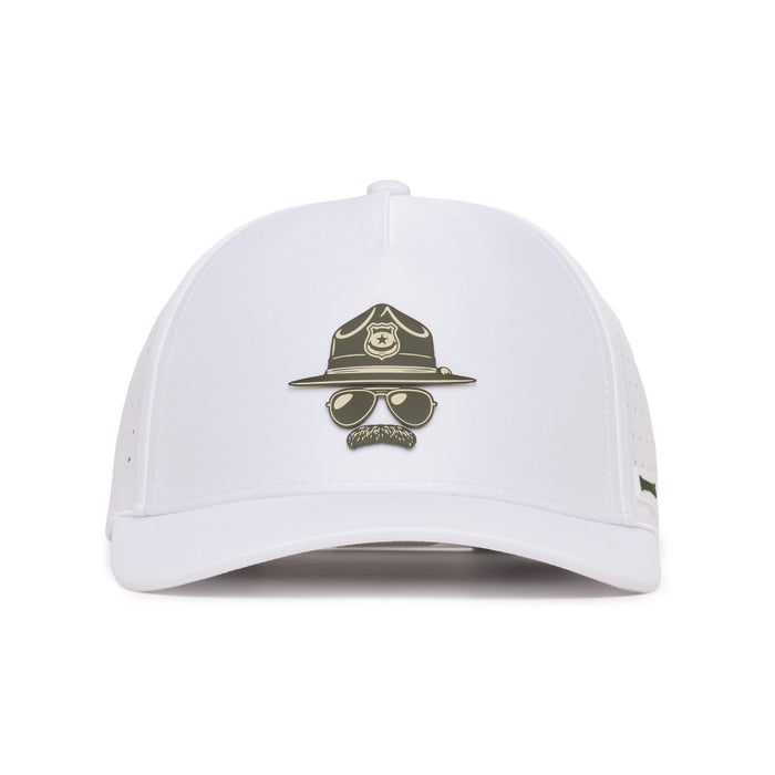 White baseball cap featuring a graphic of a sheriffs hat, aviator sunglasses, and a mustache on the front, giving the illusion of an invisible face. The background is plain white.