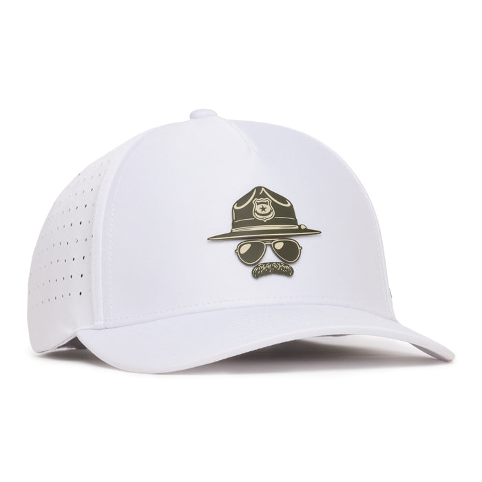 A white baseball cap features a badge-like graphic of a sheriff hat, sunglasses, and mustache on the front. The sides are perforated with small holes for ventilation. The hat is shown on a plain white background.
