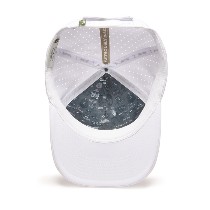White baseball cap viewed from underneath, showing interior details including grey lining with assorted graphics and text, perforated inner fabric for breathability, and visible printed tags along the inner band. The brim is plain and curved.