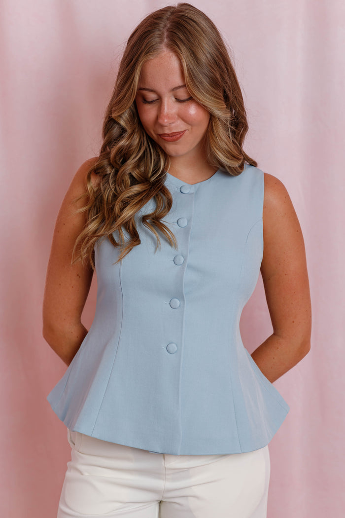 Sleeveless Button Front Peplum Top- Women's Dressy Tops- Women's Work Tops