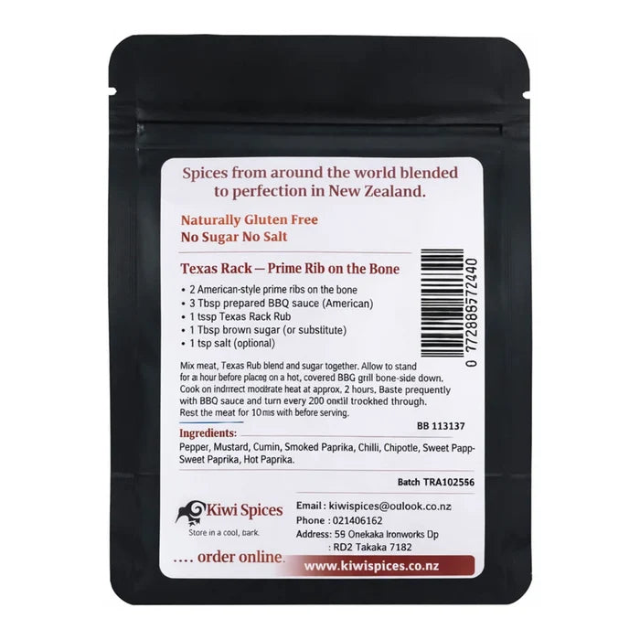 Back of texas rack spice packet with ingredients, usage and product information.