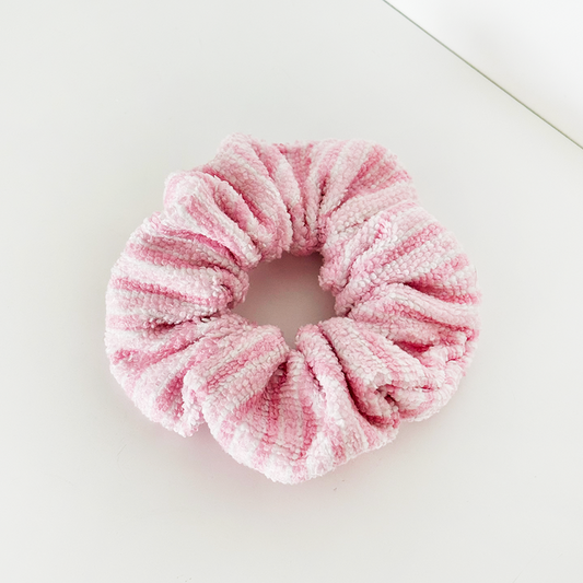 Coconut Lane towel scrunchie with powder stripes pattern displayed on a white background.
