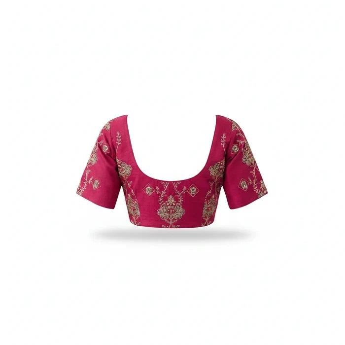 Kurti Connection USA hot pink ethnic blouse with intricate gold floral embroidery, scoop neckline, and short sleeves.