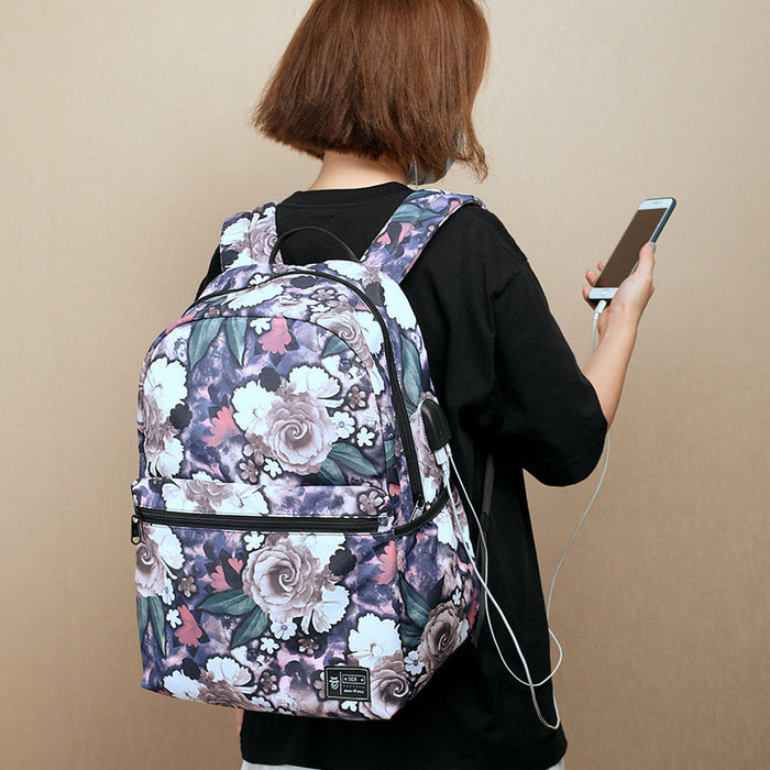 Two Piece Floral School Backpack With USB Port And Dedicated Laptop Sleeve