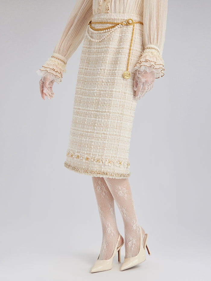 Two-Tone Check Tweed Hand-Beaded Floral Skirt