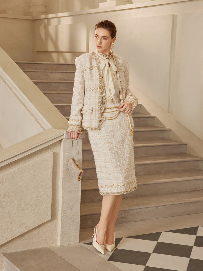 Two-Tone Check Tweed Hand-Beaded Floral Skirt