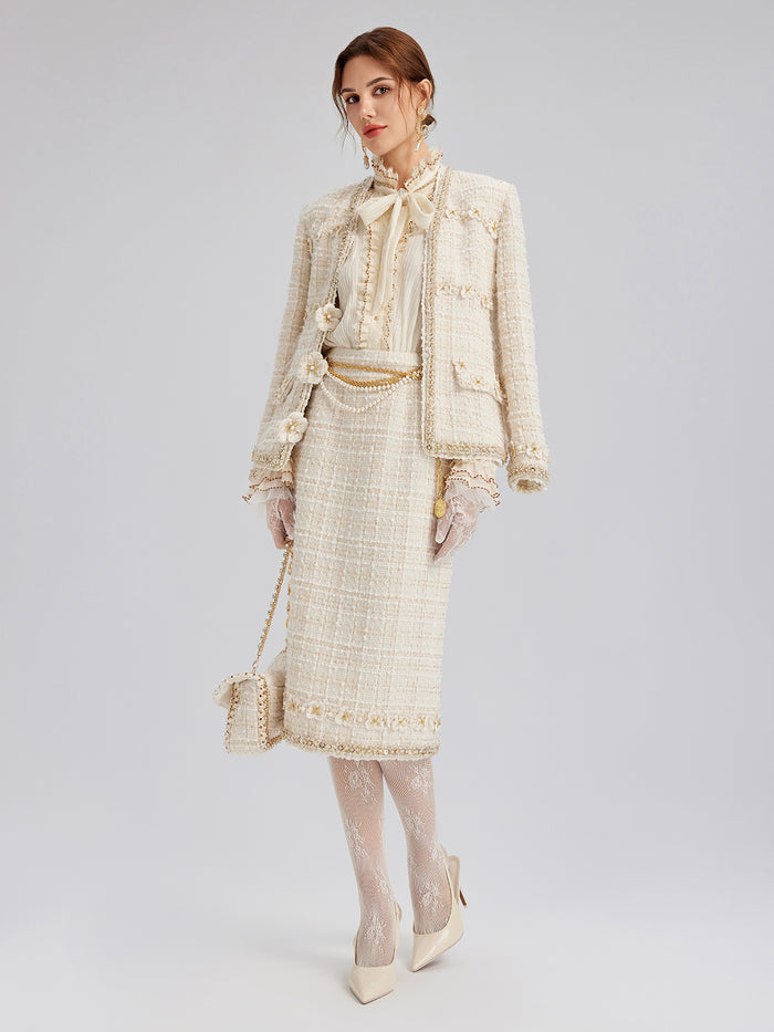 Two-Tone Check Tweed Hand-Beaded Floral Skirt