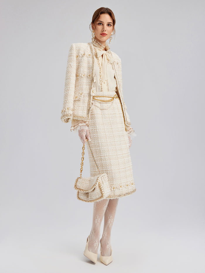 Two-Tone Check Tweed Hand-Beaded Floral Skirt