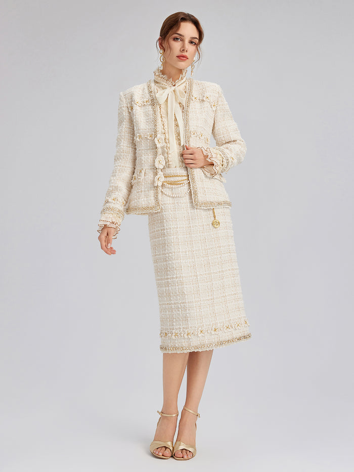 Two-Tone Check Tweed Hand-Beaded Floral Skirt