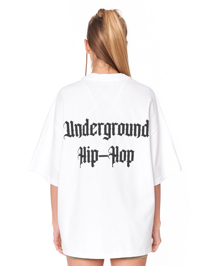 Underground Hip Hop White Oversized T-Shirt with black typography detail