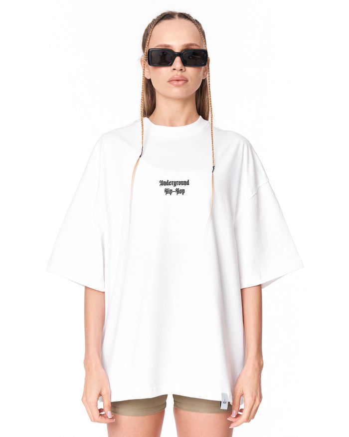 Underground Hip Hop White Oversized T-Shirt with small chest graphic
