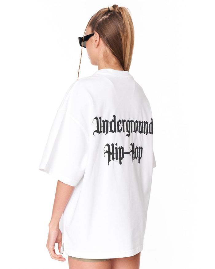 Underground Hip Hop White Oversized T-Shirt with oversized drop shoulder cut