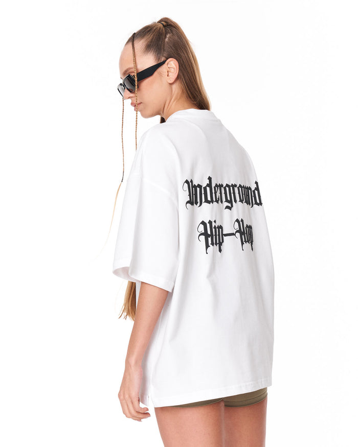 Underground Hip Hop White Oversized T-Shirt with hip hop inspired graphic