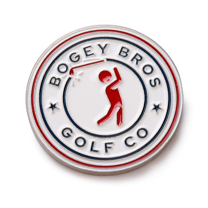 A round metal pin featuring a red silhouette of a golfer swinging a club in the center, surrounded by the text BOGEY BROS GOLF CO in bold letters, with two small stars on either side, all on a white background with red and blue accents.